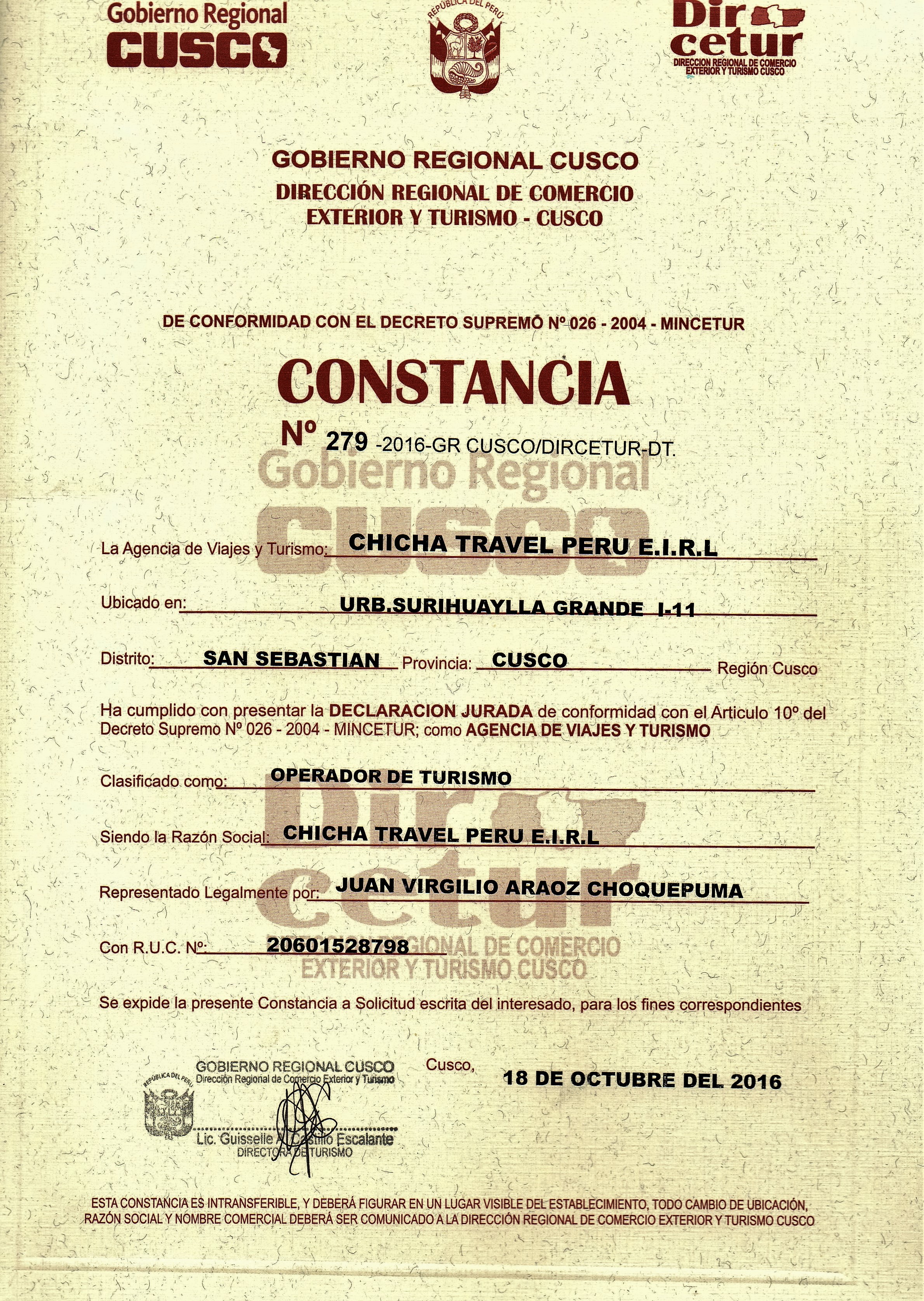 Constancy Certificate